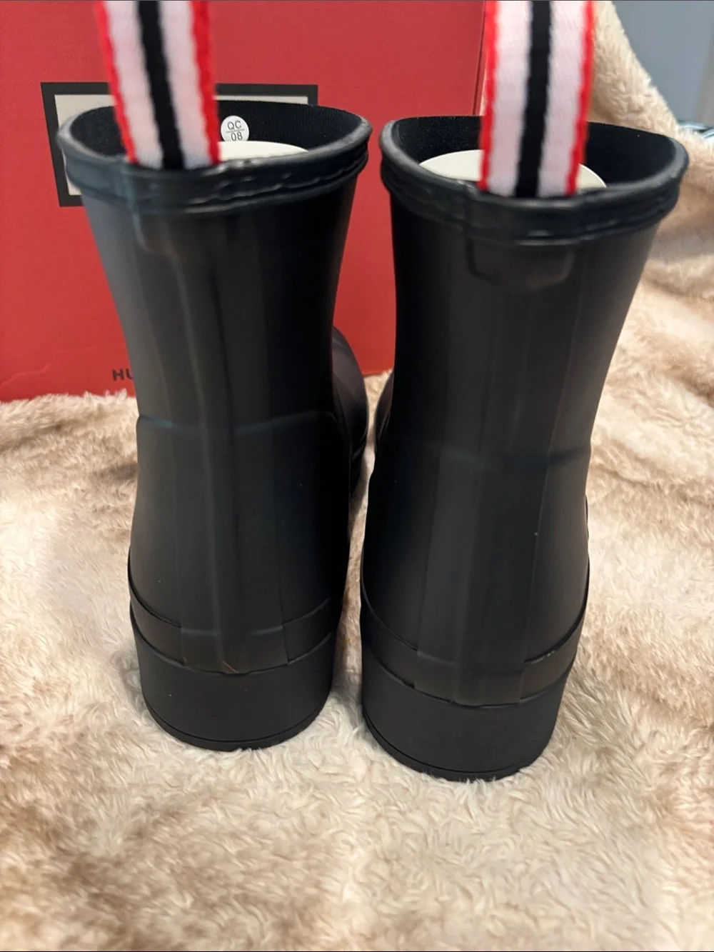 Hunter Black Short Play Matte Rain Boots with Red White Navy Heel Tabs
